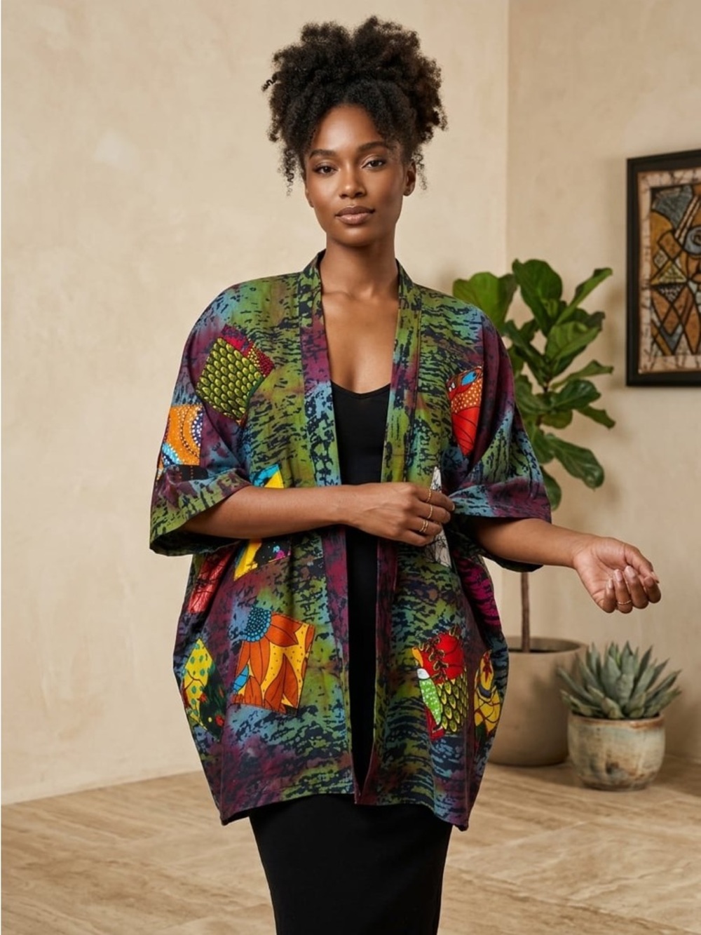 African batik print front patchwork short kimono